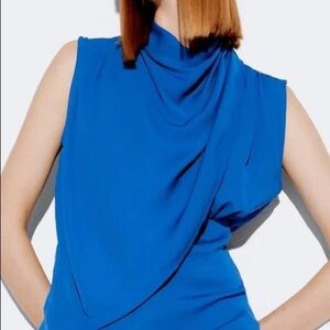 Zara - Asymmetric Draped Minimalist High Neck Sleeveless Top Royal Blue Medium